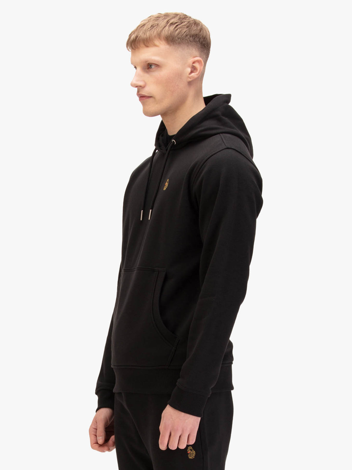 Men's black hoodie with front pocket and drawstring hood.