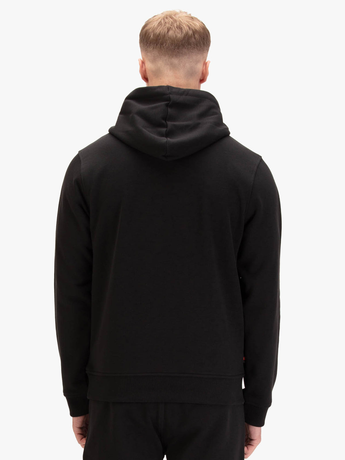 Men's black hoodie with front pocket and drawstring hood.