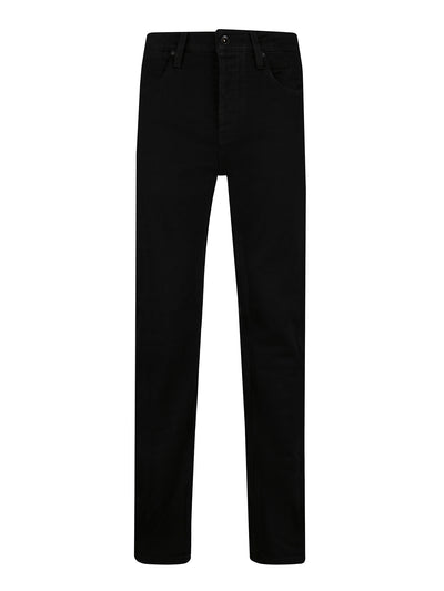 Men's black jeans, front view.