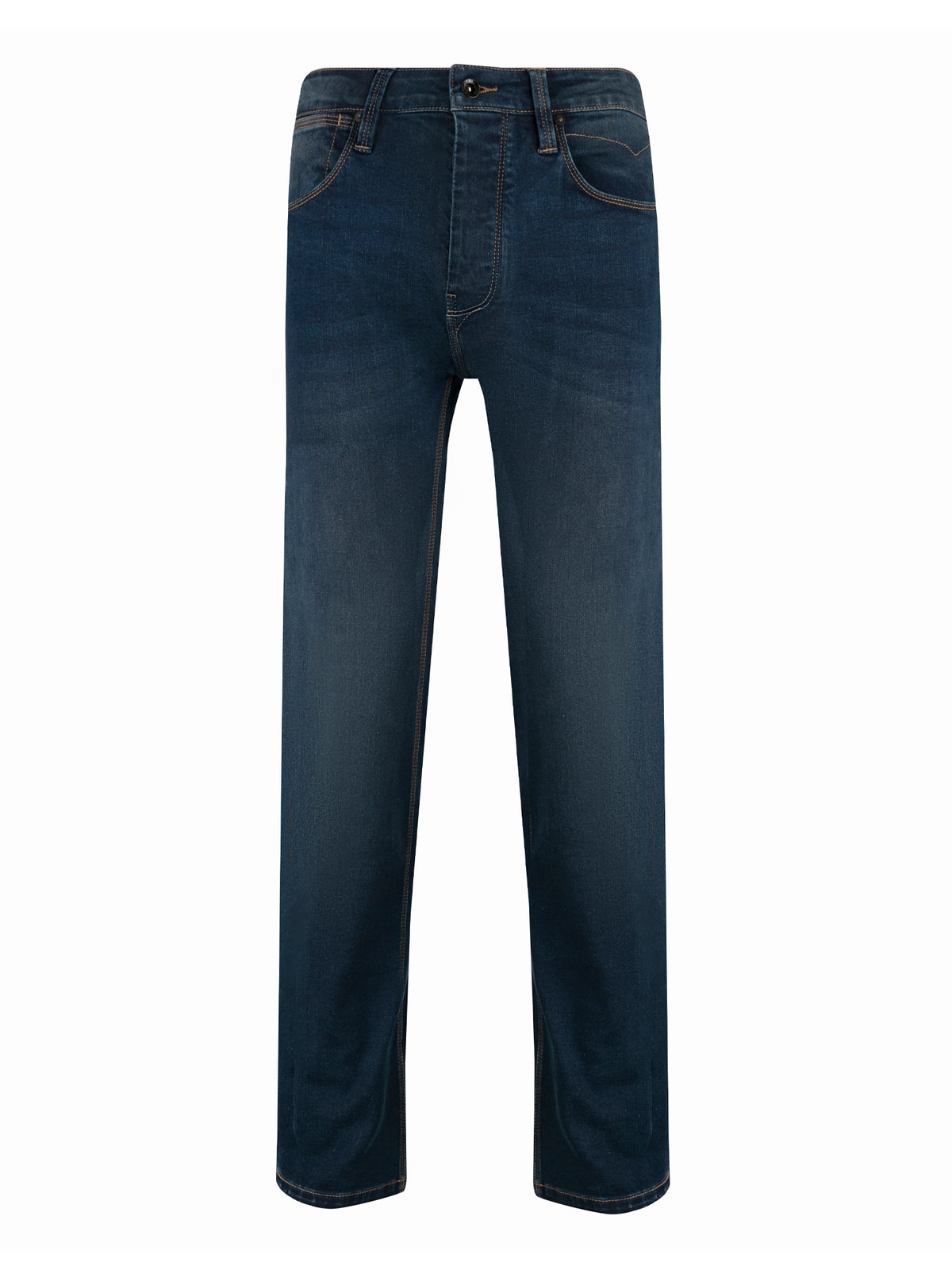 Men's blue jeans, front view.