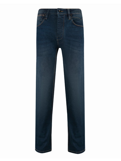 Men's blue jeans, front view.