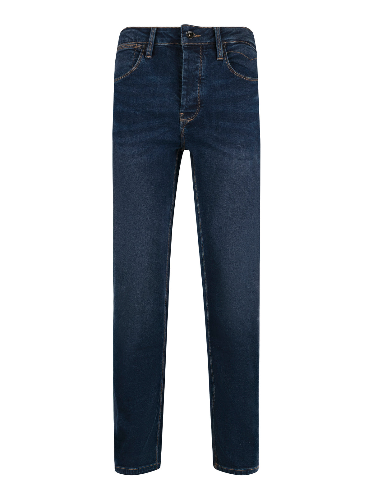 Men's mid blue jeans, front view.