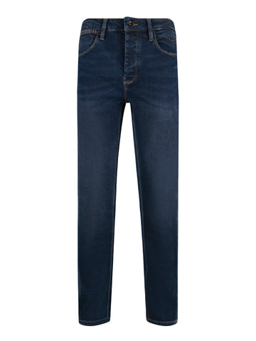 Men's mid blue jeans, front view.
