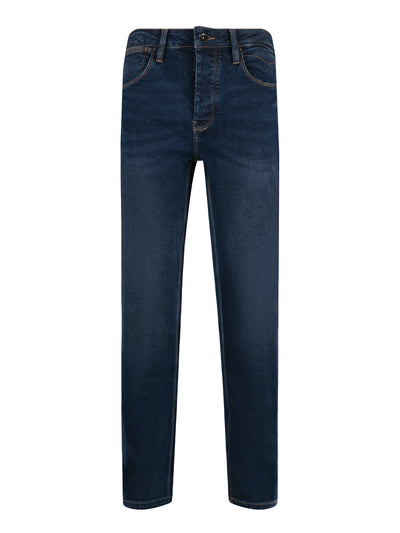 Men's mid blue jeans, front view.