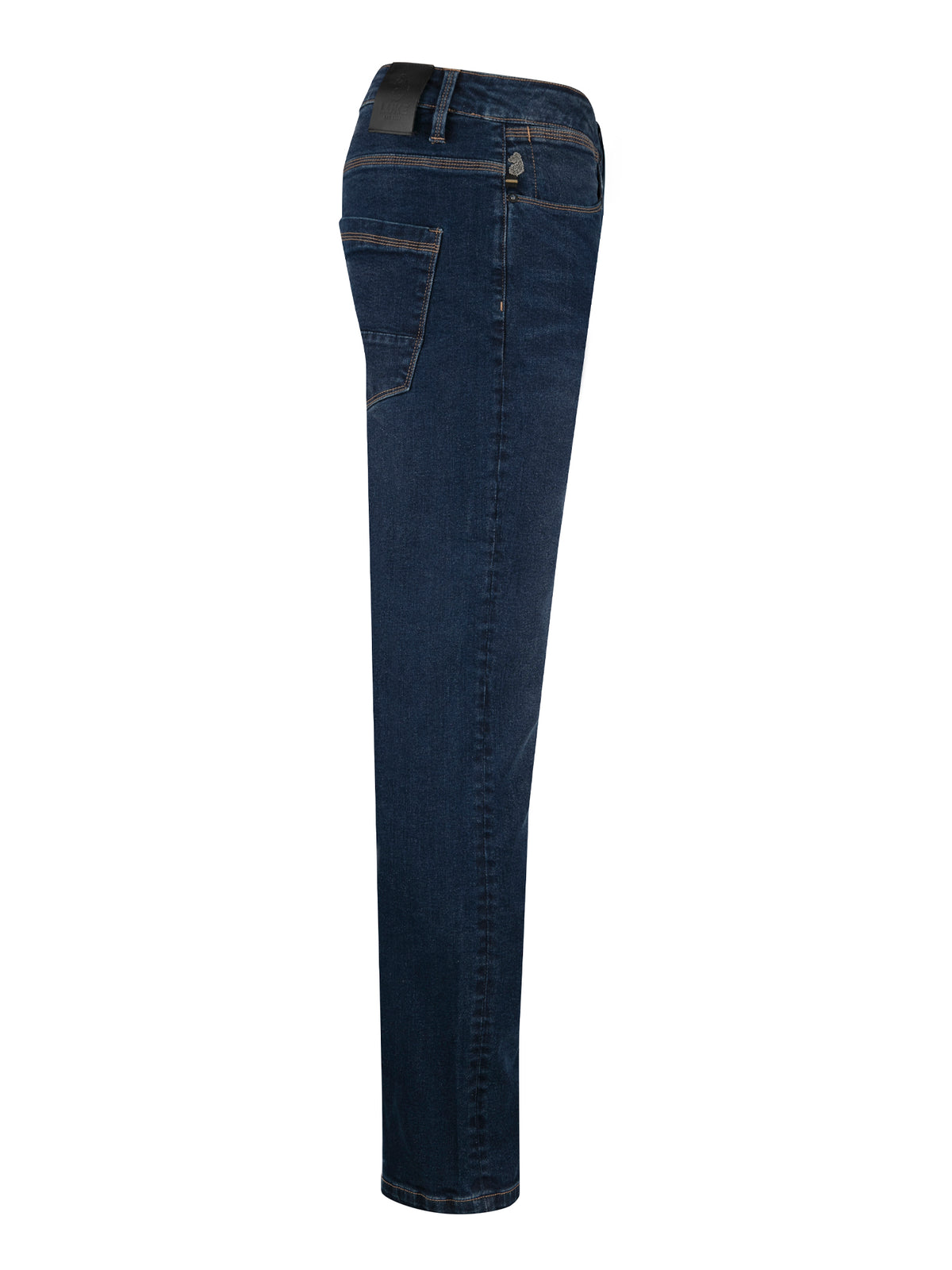 Men's mid blue jeans, side view.