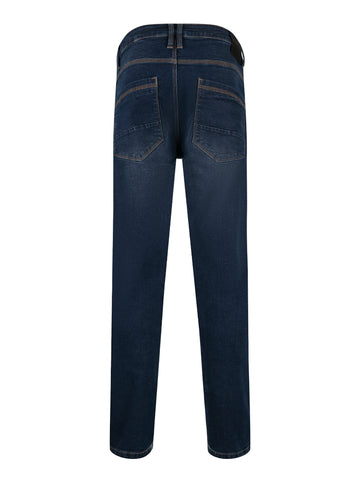 Men's mid blue jeans, back view.