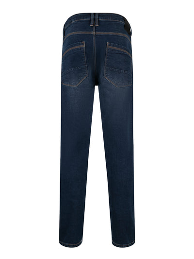 Men's mid blue jeans, back view.