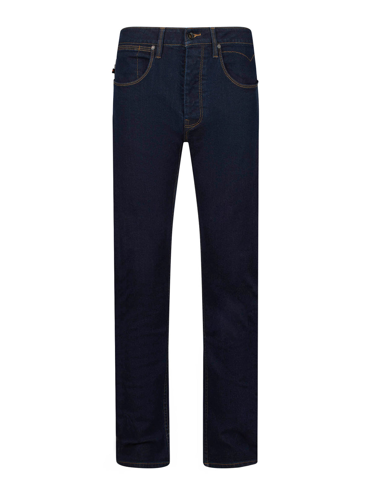 Men's dark blue jeans, front view.