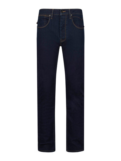 Men's dark blue jeans, front view.