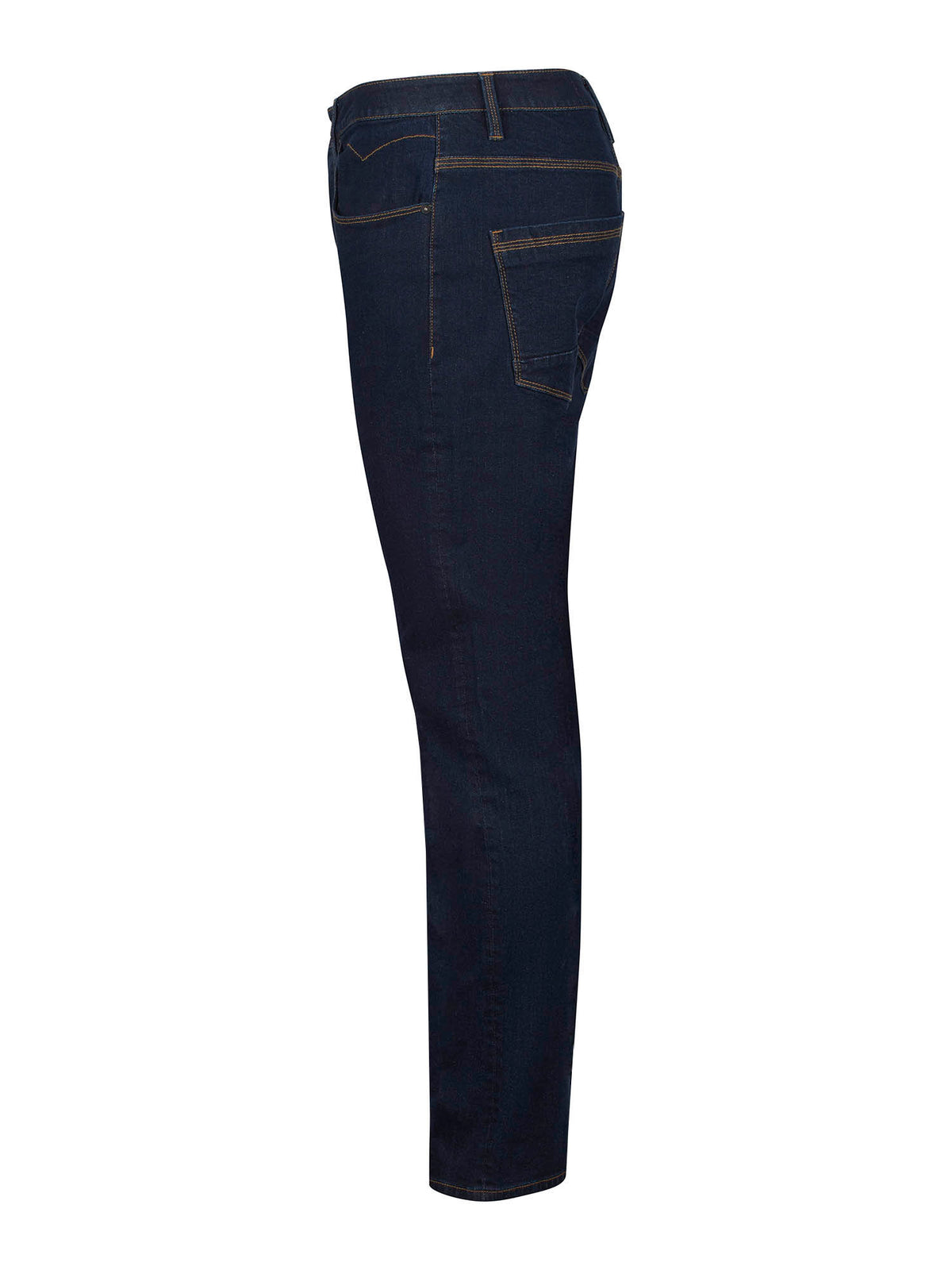 Men's dark blue jeans, side view.