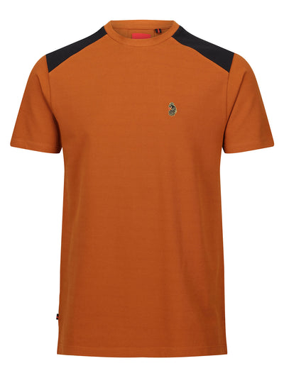 Men's orange t-shirt with crew neck and short sleeves.