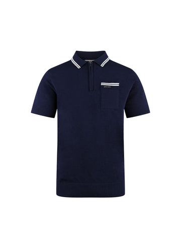 Boy's navy polo shirt with quarter-zip and cotton, front view