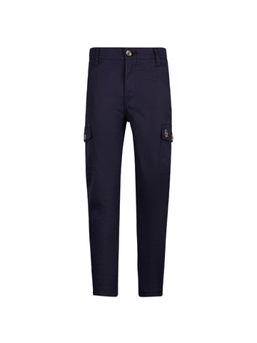 Boy's navy cargo trousers with cotton, front view