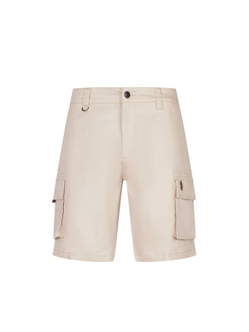 Men's beige shorts with drawstring waistband and cargo pockets, front view