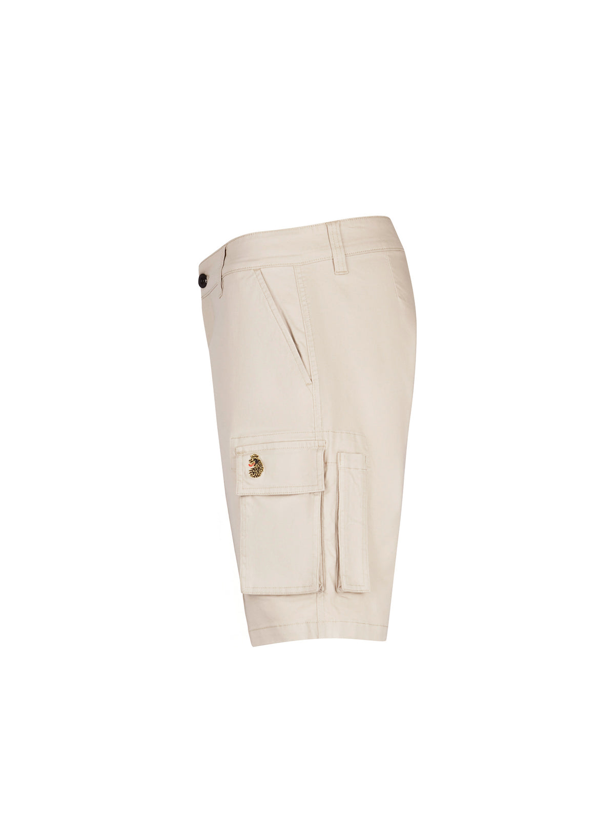 Men's beige shorts with drawstring waistband and cargo pockets, side view
