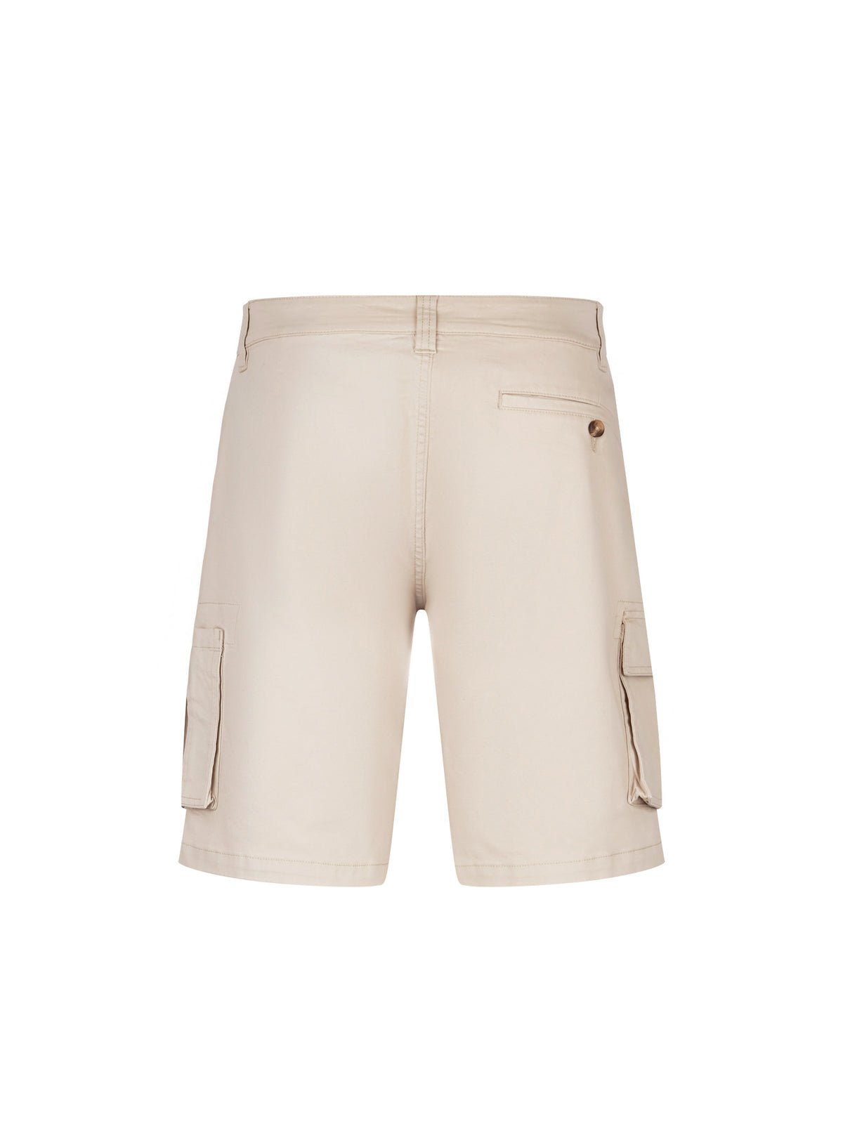 Men's beige shorts with drawstring waistband and cargo pockets, back view