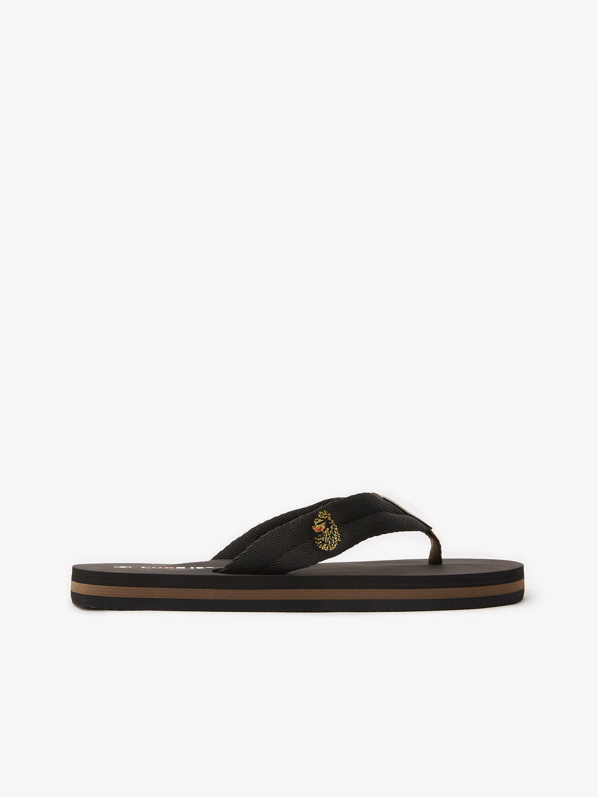 Men's black flip flops.