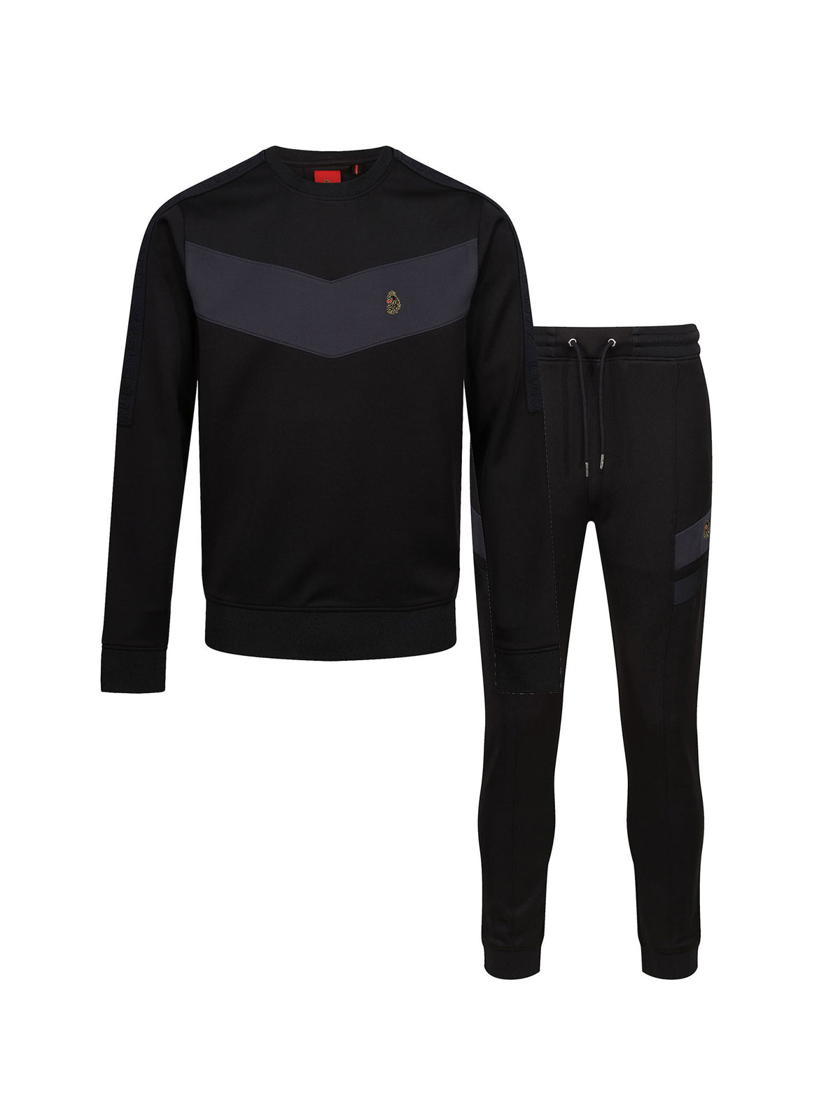 Boy's black tricot  tracksuit with chevron, front view