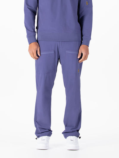 Men's purple cargo trousers with cargo pockets.