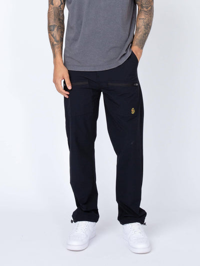 Men's black cargo trousers with cargo pockets, worn by a model, front view