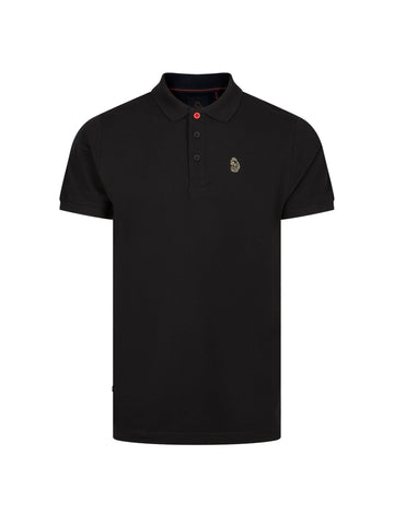 Men's black polo shirt with polo collar, front view