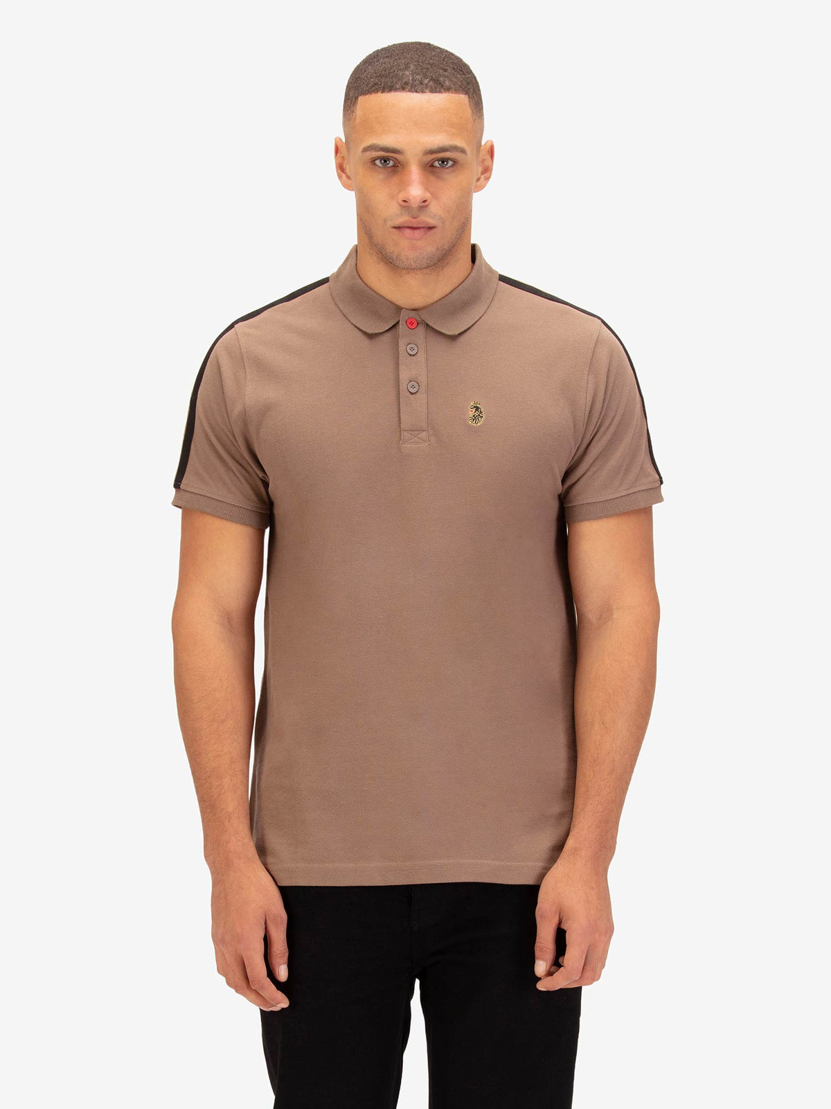 Men's brown polo shirt with polo collar, worn by a model, front view