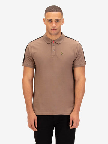 Men's brown polo shirt with polo collar, worn by a model, front view