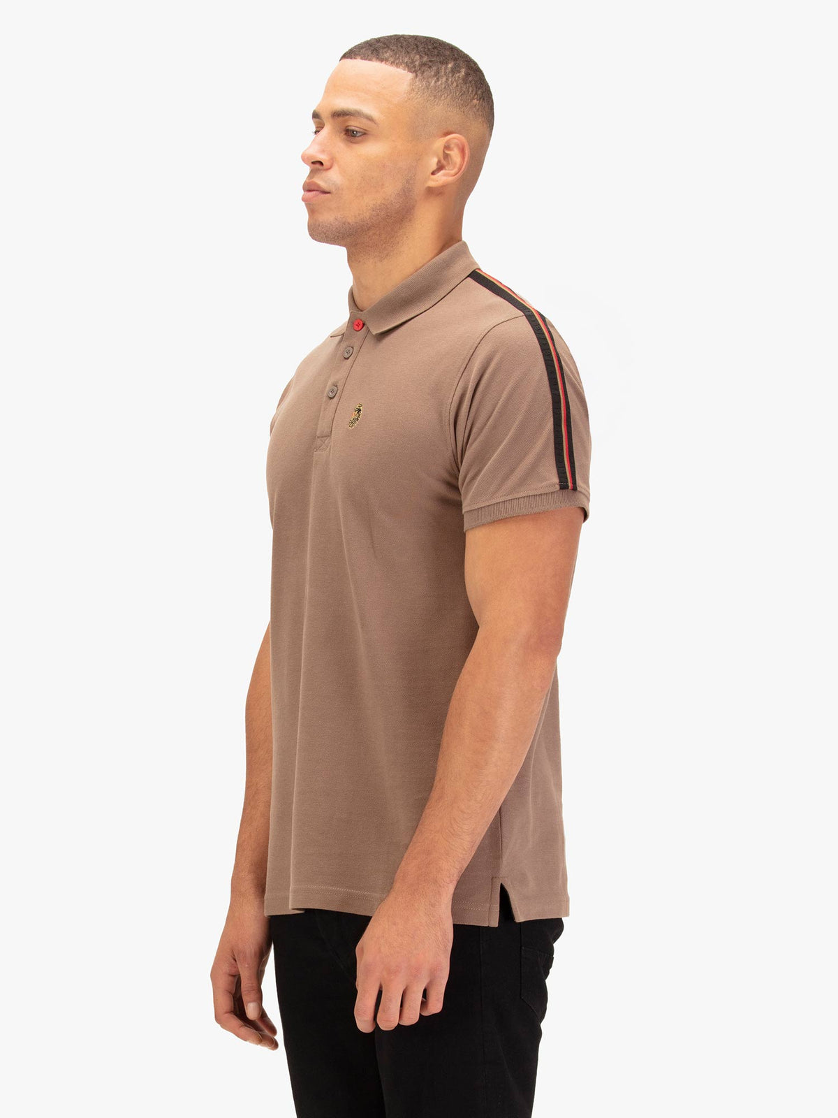 Men's brown polo shirt with polo collar, worn by a model, side view