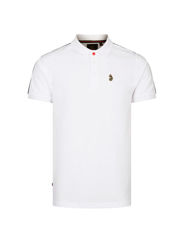 Men's white polo shirt with polo collar, front view