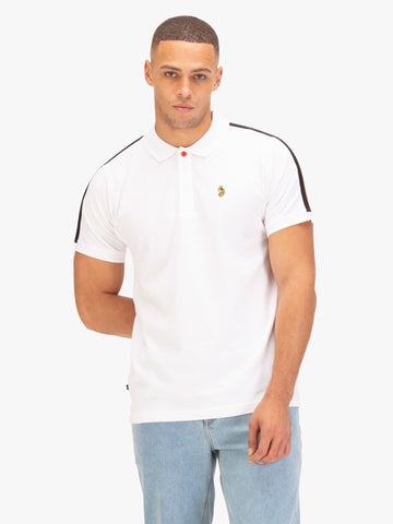 Men's white polo shirt with polo collar, worn by a model, front view