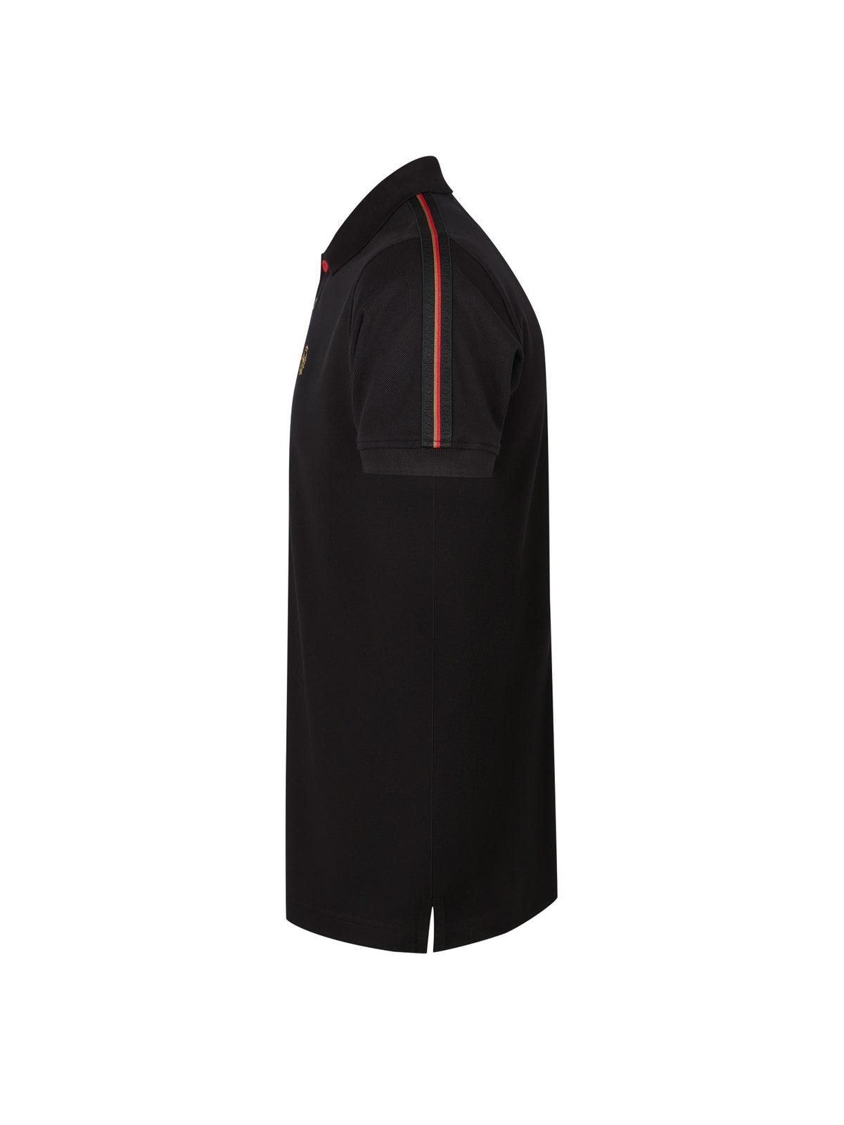 Black LUKE 1977 New Willtape polo shirt, side profile showing raised text tape on the sleeve