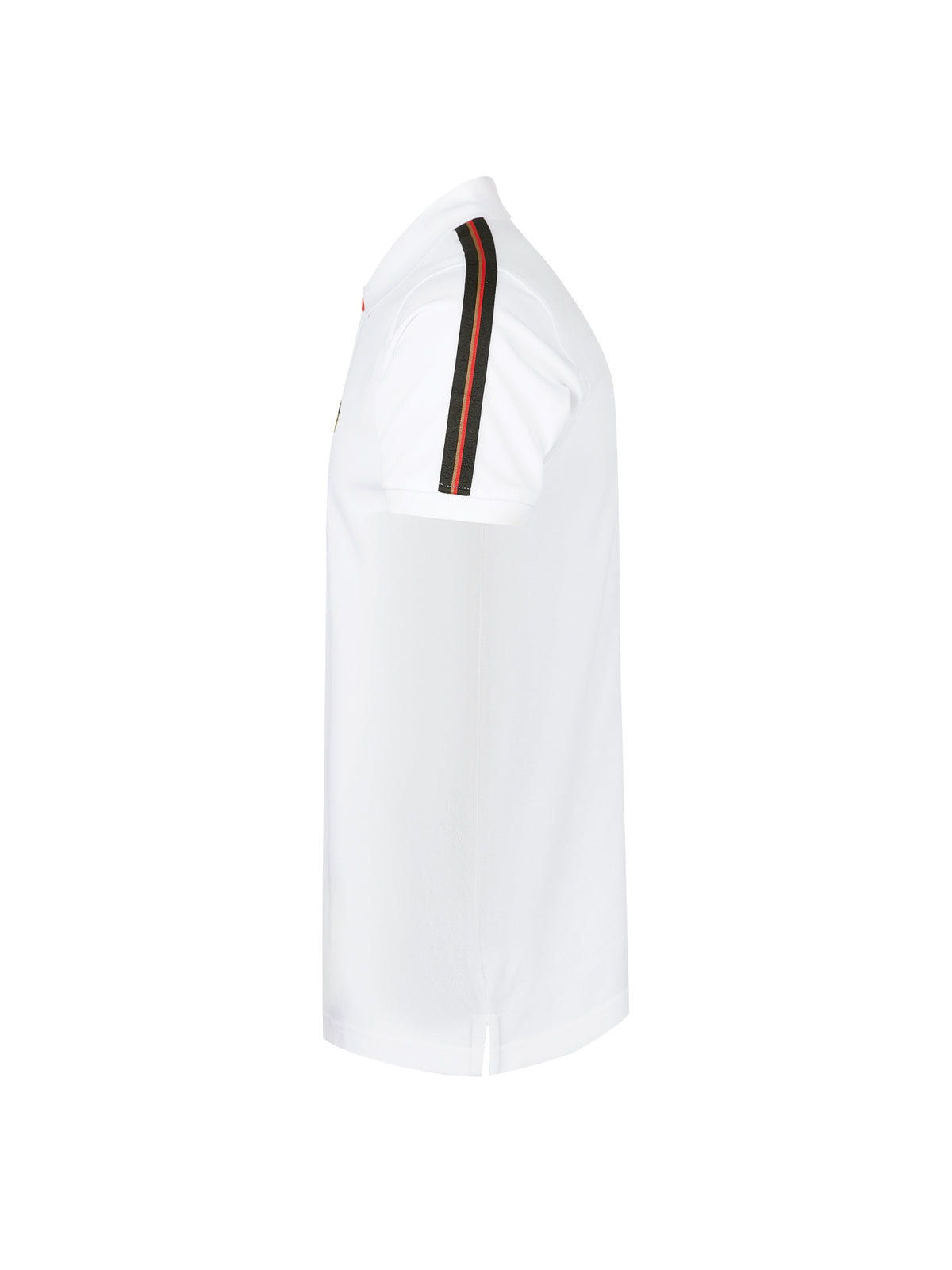 Side of white LUKE 1977 New Willtape polo shirt with raised LUKE 1977 tape along the sleeve