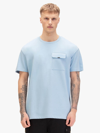 Men's relaxed-fit blue t-shirt with crew neck and short sleeves, worn by a model, front view