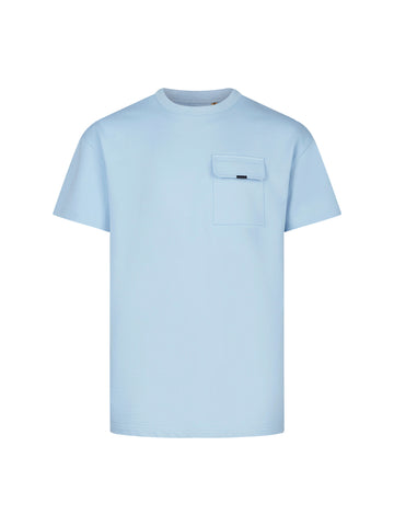 Men's relaxed-fit blue t-shirt with crew neck and short sleeves, back view