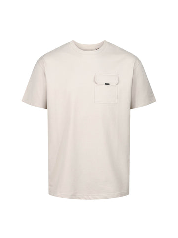 Men's relaxed-fit beige t-shirt with crew neck and short sleeves - front view.