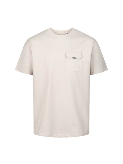 Men's relaxed-fit beige t-shirt with crew neck and short sleeves - front view.