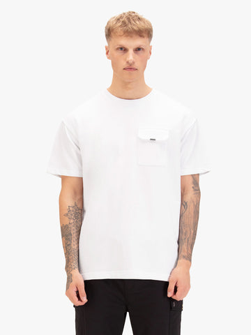 Men's relaxed-fit white t-shirt with crew neck and short sleeves, worn by a model, front view