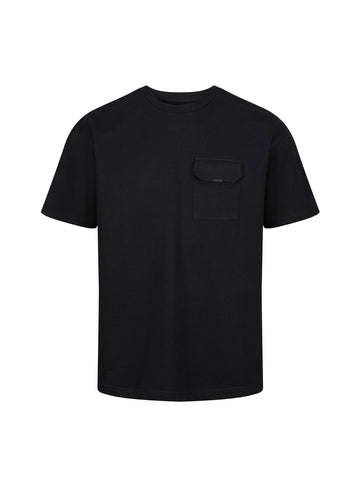 Boy's black t-shirt with crew neck and pocket, front view