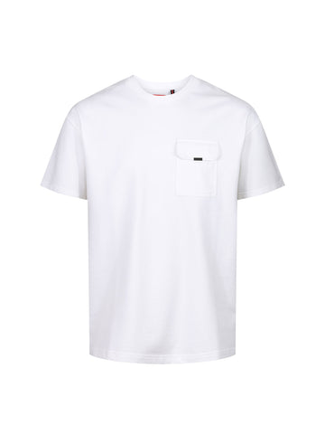 Boy's white t-shirt with crew neck and pocket, front view