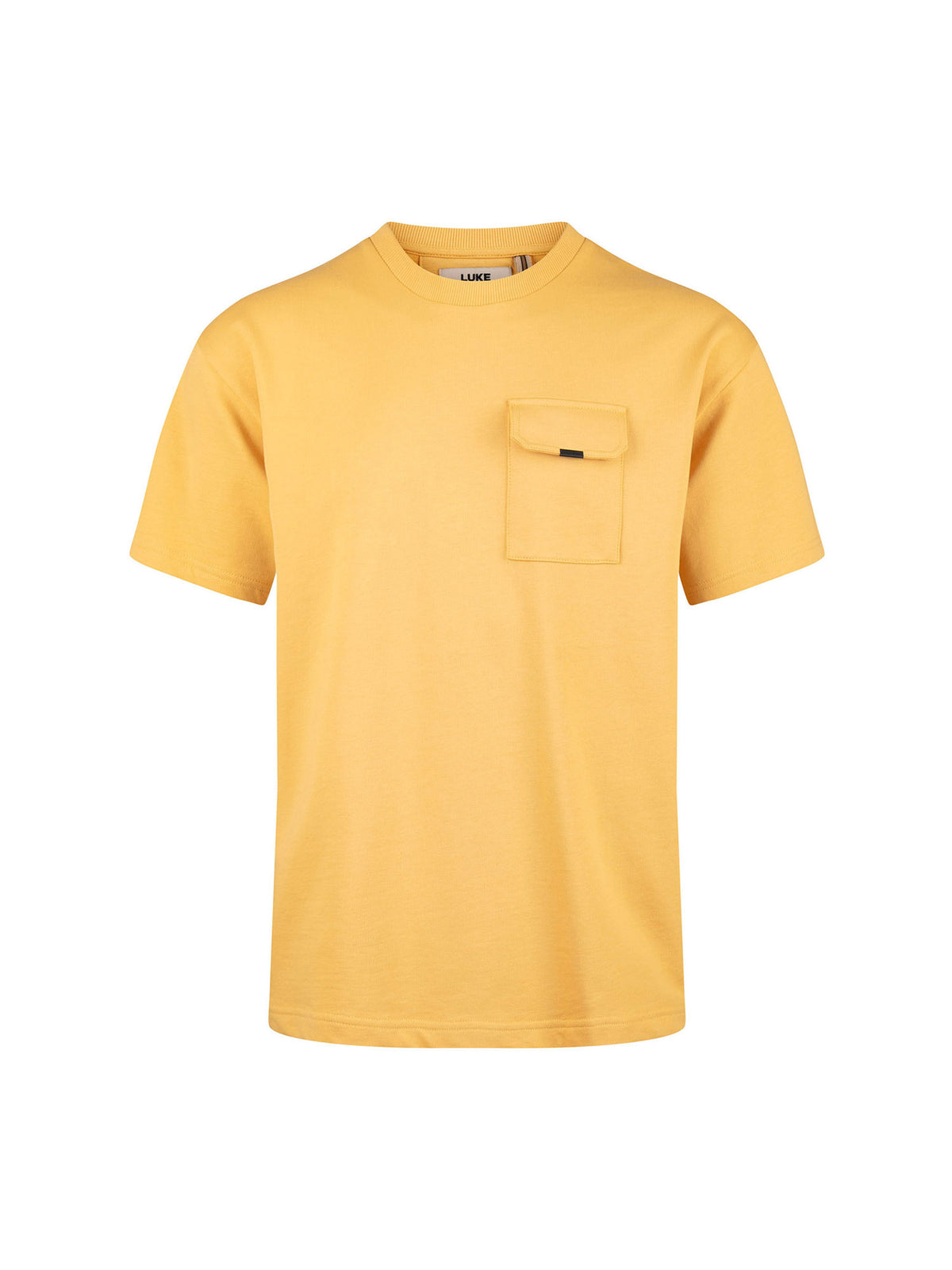 Boy's yellow t-shirt with crew neck and pocket, front view