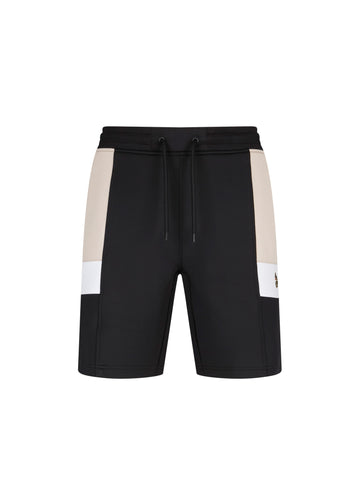 Men's black shorts with drawstring waistband, front view