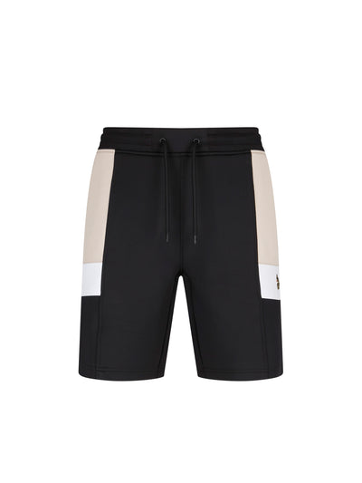 Men's black shorts with drawstring waistband, front view