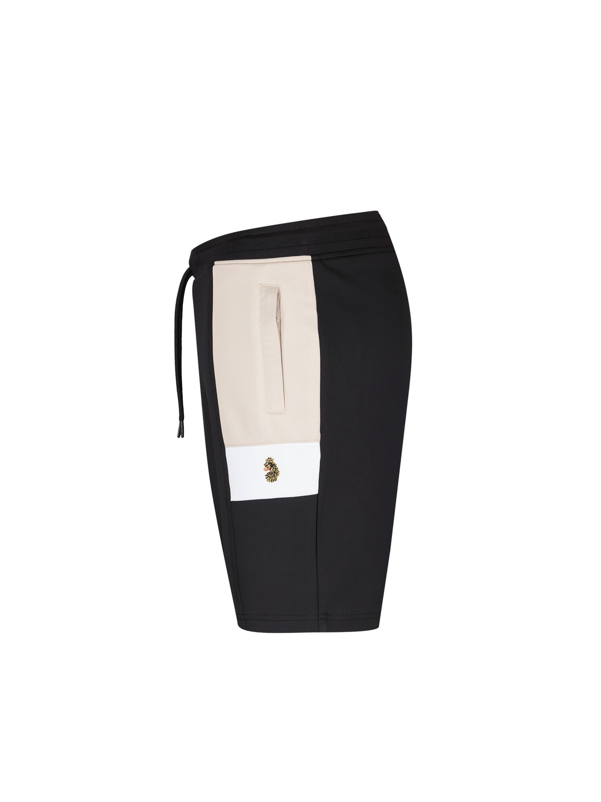 Men's black shorts with drawstring waistband, side view