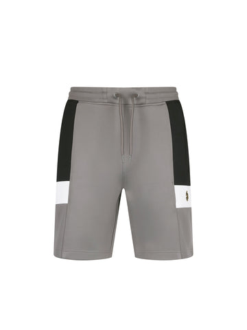 Men's grey shorts with drawstring waistband, front view