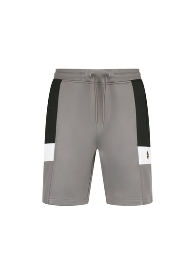 Men's grey shorts with drawstring waistband, front view