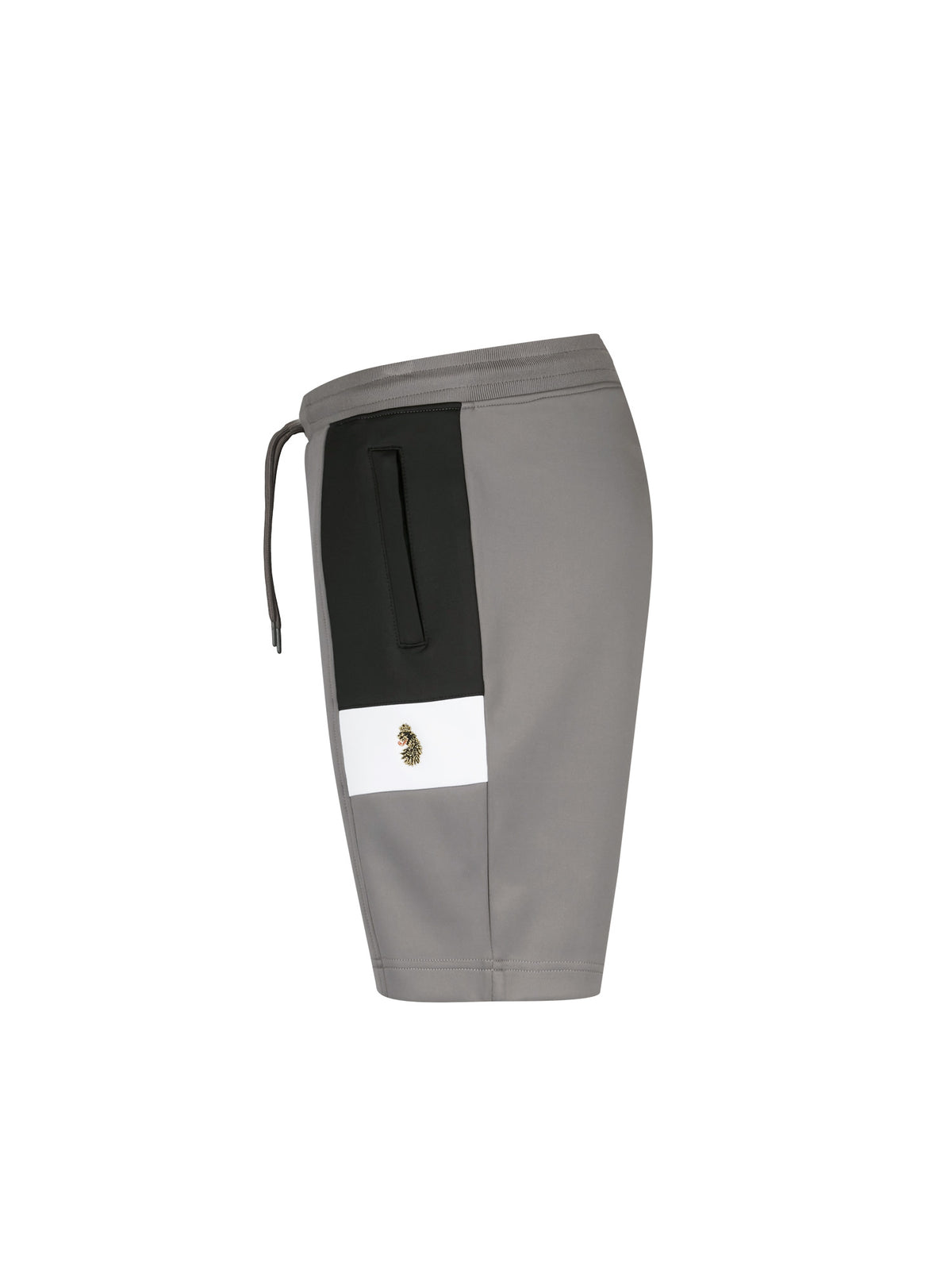 Men's grey shorts with drawstring waistband, side view