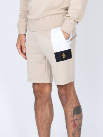Men's beige shorts with drawstring waistband.