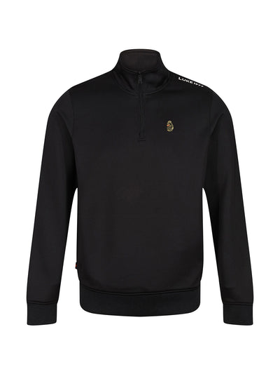 Boy's black sweatshirt with quarter-zip and tricot, front view
