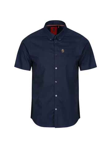 Men's navy shirt with button-up front.