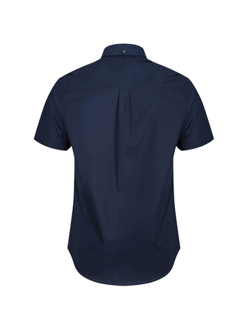 Men's navy shirt with button-up front.